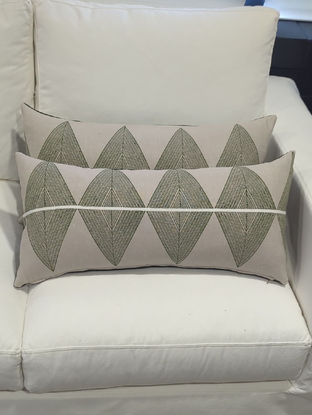 Neutral Linen Lumbar Pillows with Olive Leaf Embroidery
